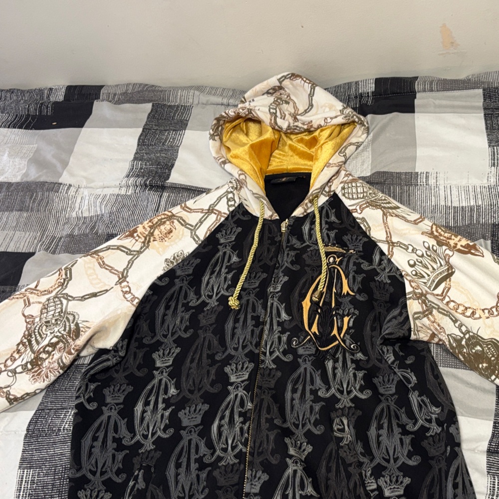 Christian Audigier Black and Gold Hoodie with Cream Accents